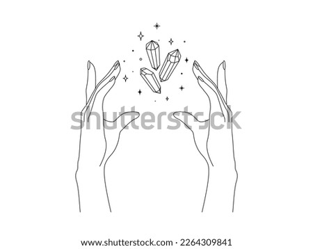 Magic hands with healing crystal in trendy linear minimal style. Logo and icons design template for cosmetics or beauty products. Esoteric and mystical design elements. Doodle vector illustration