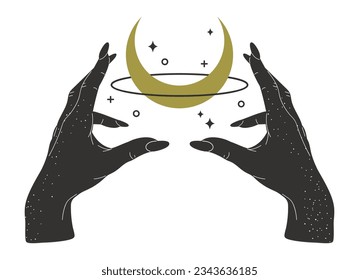 Manos mágicas sosteniendo la media luna. Manos mágicas místicas hembras, diseño esotérico boho con ilustración vectorial plana de fase lunar