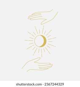 Manos mágicas sosteniendo un sol milagroso. Salto de sol, energía solar. Arte decorativo boho. Vector