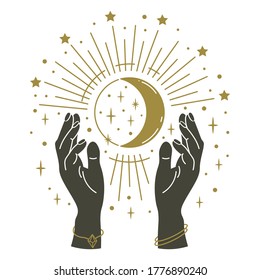 Magic hands holding moon. Hand drawn mystical arms with moon, magical symbol, witchcraft mystic arms holding moon and stars vector illustration. Magic vintage, human hands mysticism