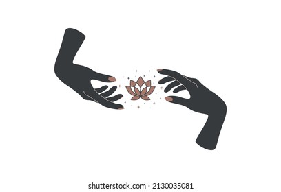 Magic hands with lotus flower in boho style. Black and gold colored alchemy spiritual tribal symbol for create branding name or logo. Esoteric and mystical design element. Vector illustration