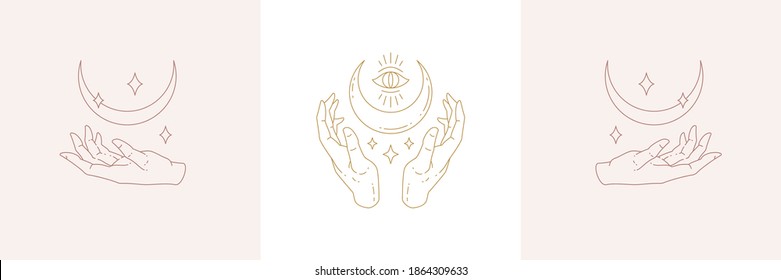 Magic hands and moon crescent in boho linear style vector illustrations set. Simple bohemian emblems in golden lines with hands gestures symbols for mythical design and esoteric concept.