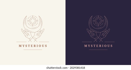 Magic hands with moon crescent logo emblem design template vector illustration in minimal line art style. Linear mystic gesture silhouette for magician logotype or witchcraft brand insignia