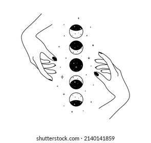 Magic hands with moon phases in thin linear style. Logo and icons design template for cosmetics and packaging branding name. Black doodle vector illustration