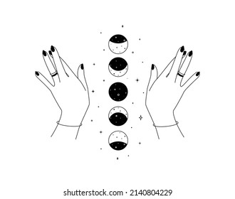 Magic hands with moon phases in thin linear style. Crescent icon design template for cosmetics and packaging branding name. Black doodle vector illustration