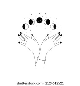 Magic hands with moon phases in trendy linear style. Logo and icons design template for cosmetics and packaging branding name. Doodle vector illustration