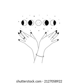 Magic hands with moon phases in trendy linear style. Logo and icons design template for cosmetics and packaging branding name. Doodle vector illustration