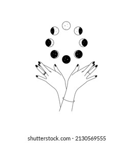 Magic hands with moon phases in trendy linear style. Logo and icons design template for cosmetics or beauty products and packaging branding name. Doodle vector illustration