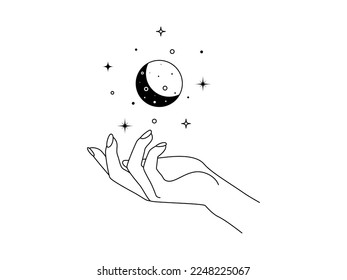 Magic hands with moon phases in trendy linear style. Logo and icons design template for cosmetics and packaging branding name. Doodle vector illustration