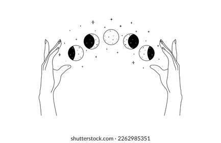 Magic hands with moon phases in trendy linear style. Logo and icons design template for cosmetics and packaging branding name. Doodle vector illustration