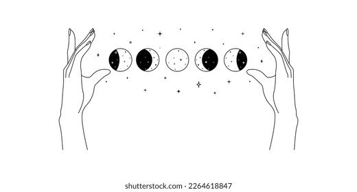 Magic hands with moon phases in trendy linear style. Logo and icons design template for cosmetics and packaging branding name. Doodle vector illustration