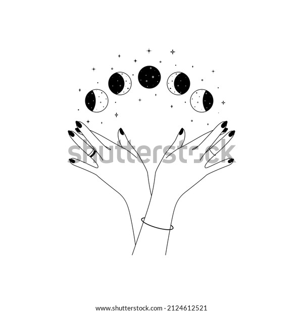 Magic hands with moon phases in\
trendy linear style. Logo and icons design template for cosmetics\
and packaging branding name. Doodle vector\
illustration