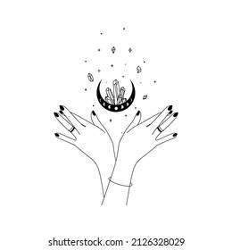Magic hands with mystical moon and healing crystal in trendy boho line style. Outline alchemy and esoteric symbol for branding or logo for cosmetics or beauty products. Doodle Vector illustration