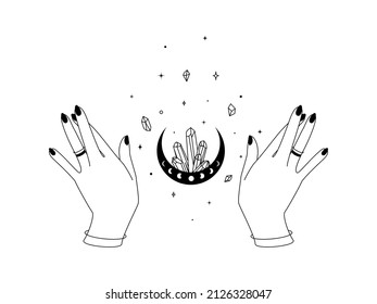 Magic hands with mystical moon and healing crystal in trendy boho line style. Outline alchemy and esoteric symbol for branding or logo for cosmetics or beauty products. Vector illustration