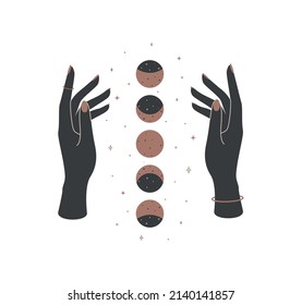 Magic hands with new moon phases in boho retro style. Crescent icon design template for cosmetics and packaging branding name. Black and gold vector illustration