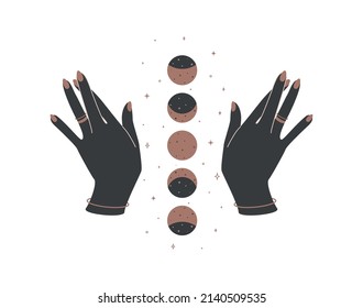 Magic hands with new moon phases in boho retro style. Esoteric crescent icon and symbol for cosmetics and packaging branding name. Black and gold vector illustration