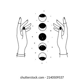 Magic hands with new moon phases in thin linear style. Crescent icon design template for cosmetics and packaging branding name. Black doodle vector illustration