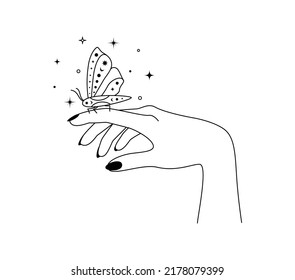 Magic hands with night butterfly outline. Celestial moth wings for branding logo cosmetic beauty product and witchcraft shop in linear style. Doodle line art Vector illustration