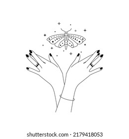 Magic hands with night butterfly outline. Celestial and mystical moth for branding logo cosmetics and beauty products in linear style. Doodle line art Vector illustration