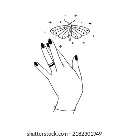Magic hands with night butterfly outline. Mystical moth for branding logo cosmetics and beauty products in linear style. Doodle line art Vector illustration
