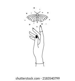 Magic hands with night butterfly outline. Mystical moth wings for branding logo cosmetic beauty product and witchcraft shop in linear style. Doodle line art Vector illustration