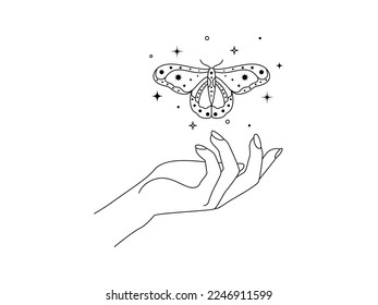 Magic hands with night flying moth in line art style. Esoteric and mystical butterfly wings for branding or logo cosmetics and beauty products simple outlines. Doodle Elegance Vector illustration