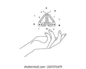 Magic hands with night flying moth in line art style. Esoteric and mystical butterfly wings for branding or logo cosmetics and beauty products simple outlines. Doodle Elegance Vector illustration