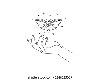 Magic hands with night flying moth in line art style. Esoteric and mystical butterfly wings for branding or logo cosmetics and beauty products simple outlines. Doodle Elegance Vector illustration