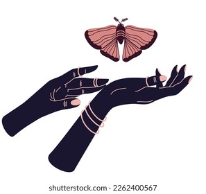 Magic hands with night moth. Esoteric and mystical butterfly wings for branding or logo cosmetics and beauty products. Black silhouette of woman arms isolated on white. Vector illustration.