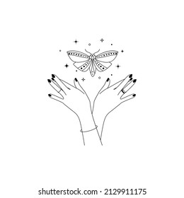 Magic hands with night moth in line art style. Esoteric and mystical butterfly for branding or logo for cosmetics or beauty products. Elegance Vector illustration