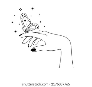 Magic hands with night moth in line art style. Esoteric and mystical butterfly wings for branding or logo cosmetics and beauty products simple outlines. Doodle Elegance Vector illustration