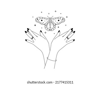 Magic hands with night moth in line art style. Esoteric and mystical butterfly wings for branding or logo cosmetics and beauty products simple outlines. Doodle Vector illustration