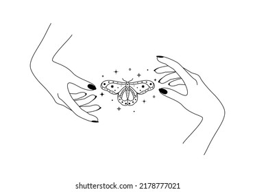 Magic hands with night moth in line art style. Esoteric and mystical butterfly for branding or logo cosmetics and beauty products simple outlines. Elegance Vector illustration