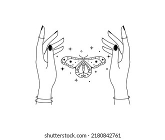 Magic hands with night moth in line art style. Esoteric and mystical butterfly wings for branding or logo cosmetics and beauty products simple outlines. Elegance Vector illustration