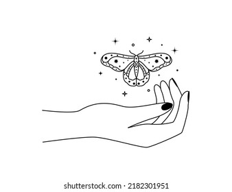 Magic hands with night moth in line art style. Mystical butterfly for branding or logo cosmetics and beauty products simple outlines. Doodle Elegance Vector illustration