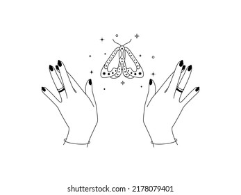 Magic hands with night moth outline. Celestial and mystical butterfly wings for branding logo cosmetics and beauty products in linear style. Doodle line art Vector illustration