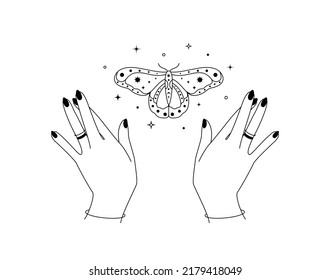 Magic hands with night moth outline. Esoteric and mystical butterfly wings for branding or logo cosmetics beauty products and witchcraft in simple linear style. Doodle line art Vector illustration