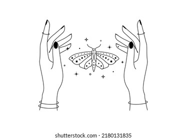 Magic hands with night moth outline. Celestial and mystical butterfly wings for branding logo cosmetics and beauty products in linear style. Doodle elegance line art Vector illustration