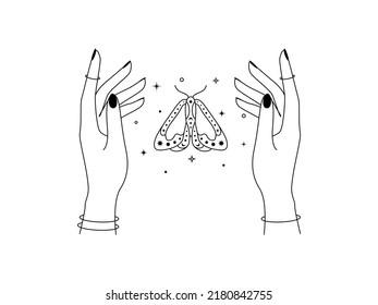 Magic hands with night moth outline. Celestial and mystical butterfly for branding logo cosmetics and beauty products in linear style. Doodle line art Vector illustration