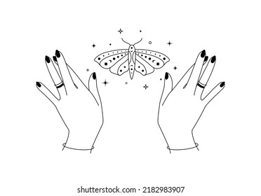 Magic hands with night moth outline. Celestial and mystical butterfly wings for branding logo cosmetics and beauty products in linear style. Elegance line art Vector illustration