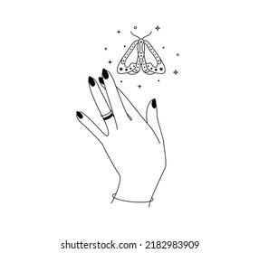 Magic hands with night moth outline. Esoteric and mystical butterfly wings for branding or logo cosmetics and beauty products simple linear style. Elegance line art Vector illustration
