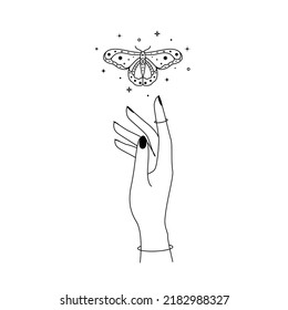 Magic hands with night moth outline. Esoteric and mystical butterfly wings for branding or logo cosmetics and beauty products simple linear style. line art Vector illustration