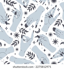 Magic hands seamless pattern. Boho female hand with long nails, mystical palms with leaves, doodle moon and stars. Trendy tattoo style esoteric flat vector background illustration