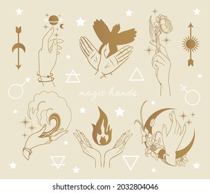 magic hands set, occult symbols: water, fire, moon, bird, space, sun, flowers, witch craft