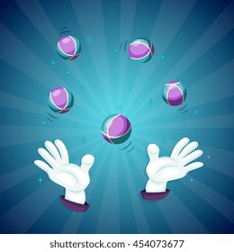 Magic hands show magic trick concept vector illustration. Cartoon magic hands with ball. 