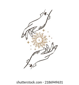 Magic hands with sun. Celestial and mystical sun for branding logo cosmetics and beauty products. Esoteric and mystical design elements.Hand drawn Vector illustration