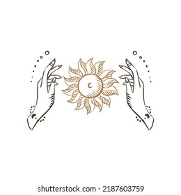 Magic hands with sun. Celestial and mystical sun for branding logo cosmetics and beauty products. Esoteric and mystical design elements.Hand drawn Vector illustration. 