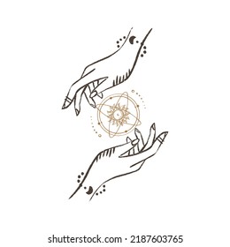 Manos mágicas con el sol. Sol celeste y místico para la marca de cosméticos con logotipo y productos de belleza. Elementos de diseño estético y místico.Ilustración vectorial dibujada a mano. 