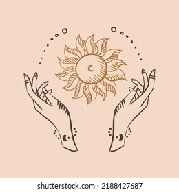 Magic hands with sun. Celestial and mystical sun for branding logo cosmetics and beauty products. Esoteric and mystical design poster.Hand drawn Vector illustration