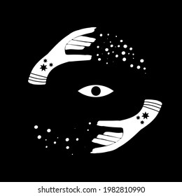 Magic hands. Two hands, a seven-pointed pentagram and a Masonic eye. Boho design for palmistry, fortune telling, witch. Magic vector line illustration.